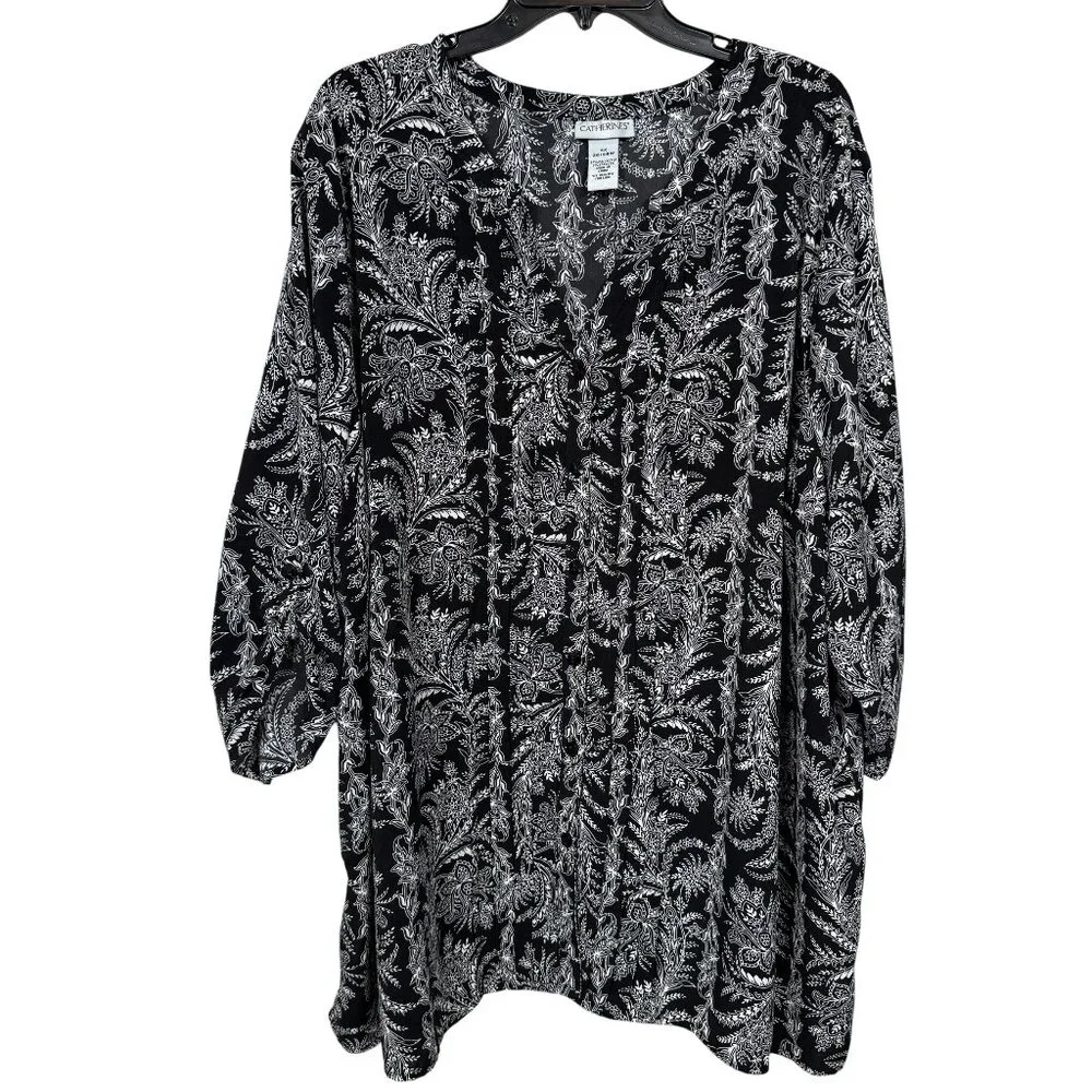 Catherines Tunic Top Blouse Size 3X 26/28W Black White Floral Button Up Roll Tab - Picture 1 of 6